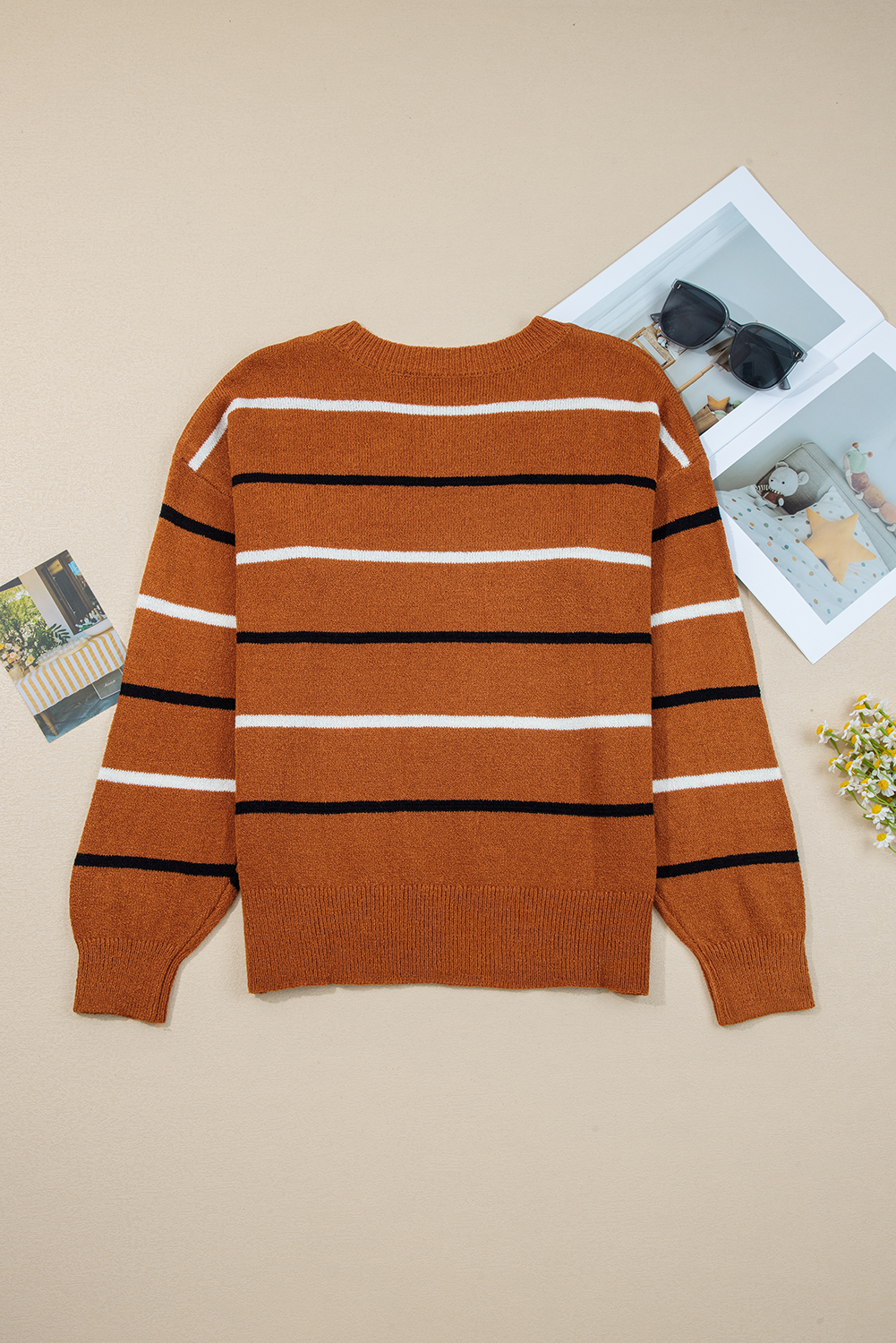 Multicolour Striped Buttoned Front V Neck Drop Shoulder Cardigan Sweater - loveforevers