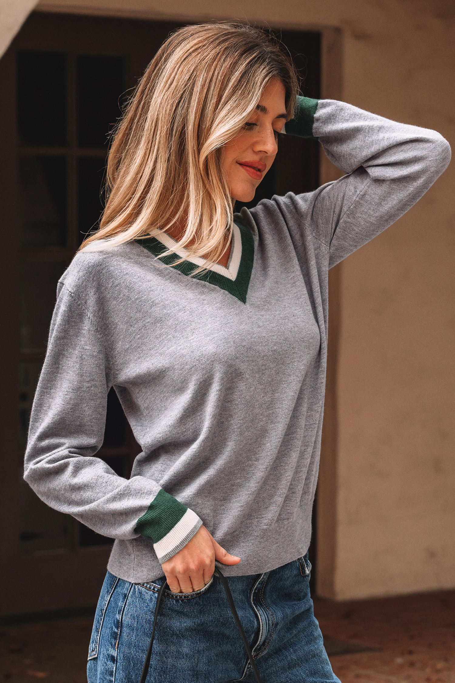 Black Contrast Striped Trim V Neck Varsity Sweater - loveforevers