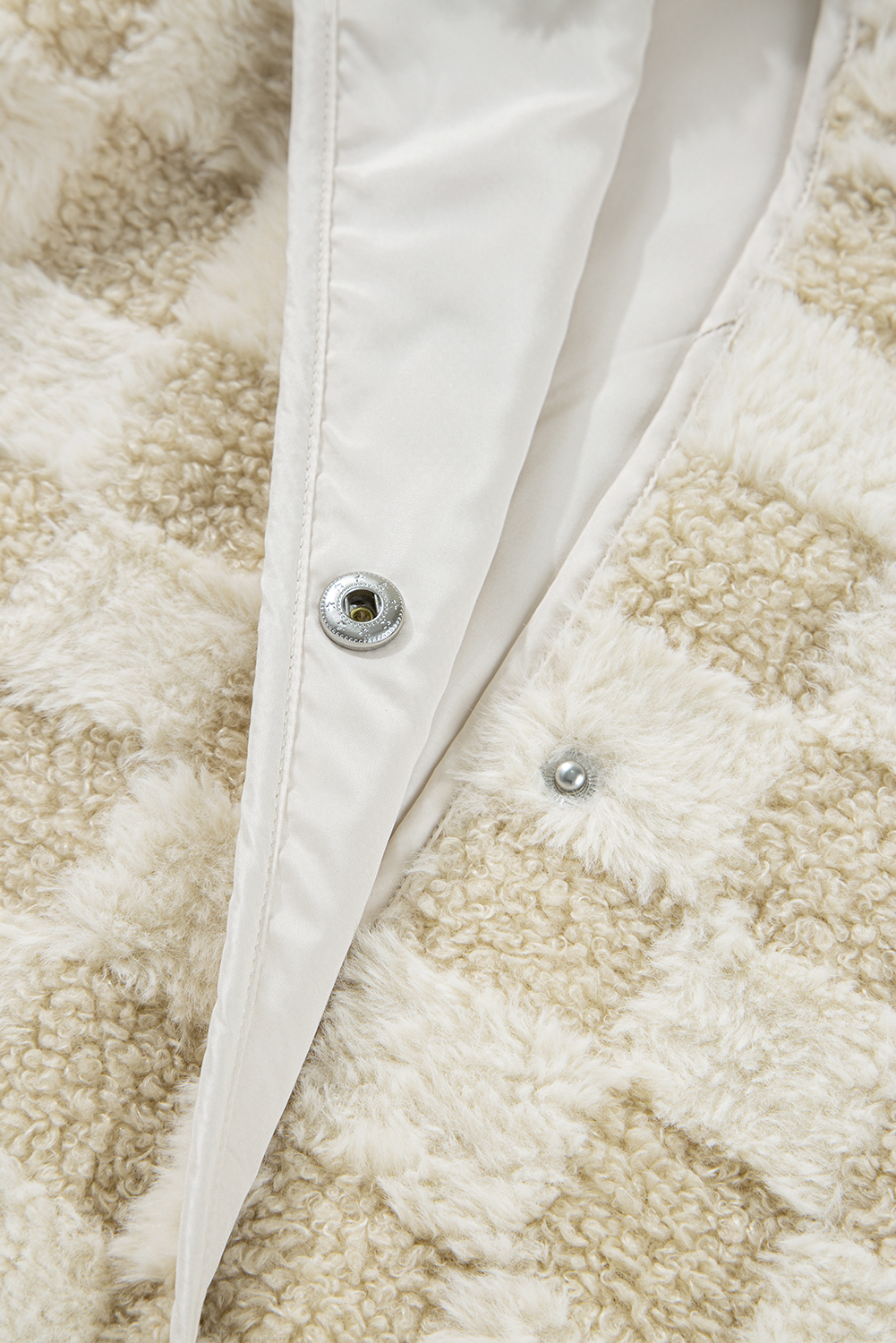 Khaki Sherpa Checkerboard Snap Button Vest Jacket With Pocket - loveforevers