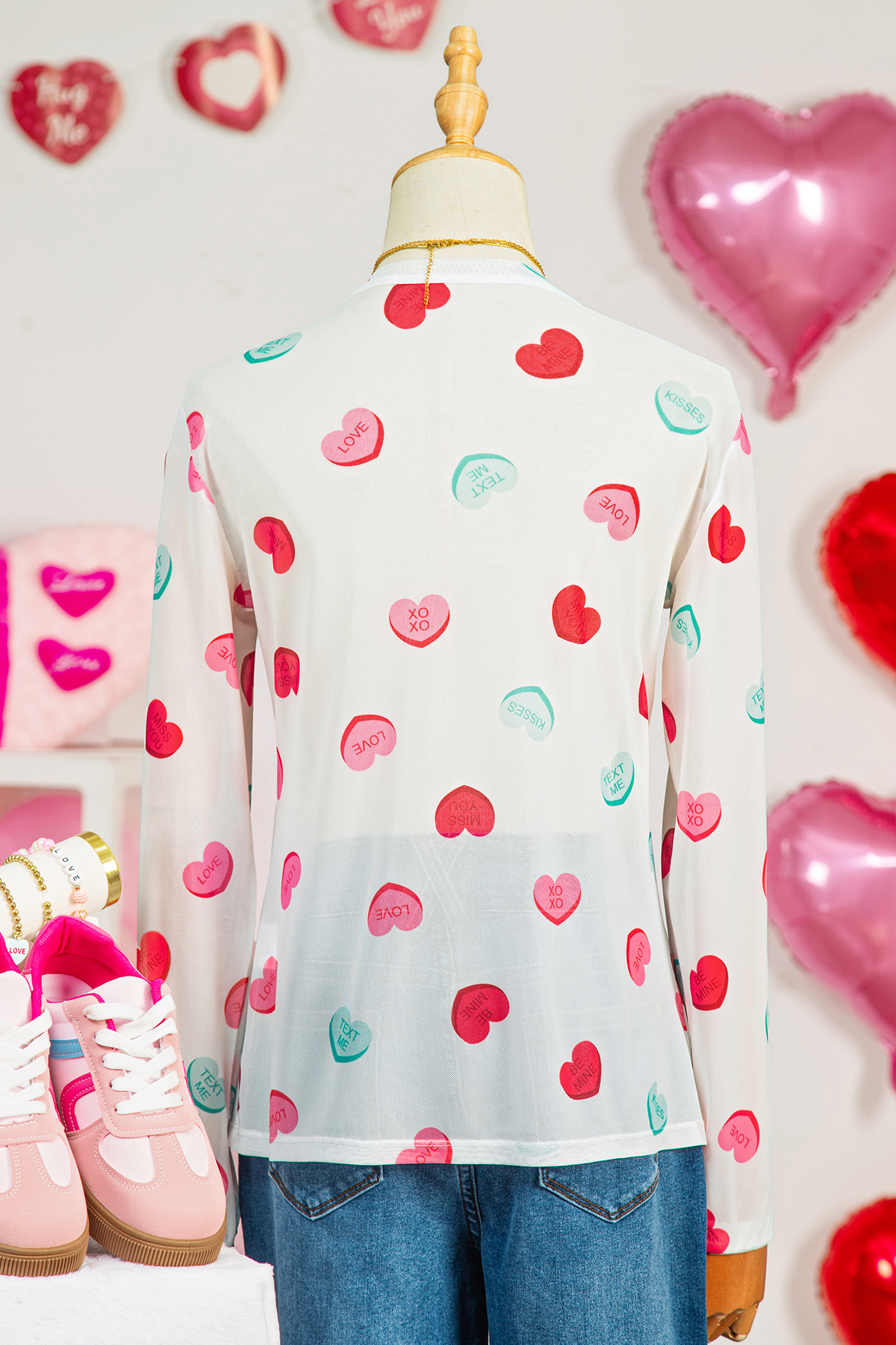White Sheer Mesh Valentines Slogan Heart Printed Long Sleeve Top - loveforevers