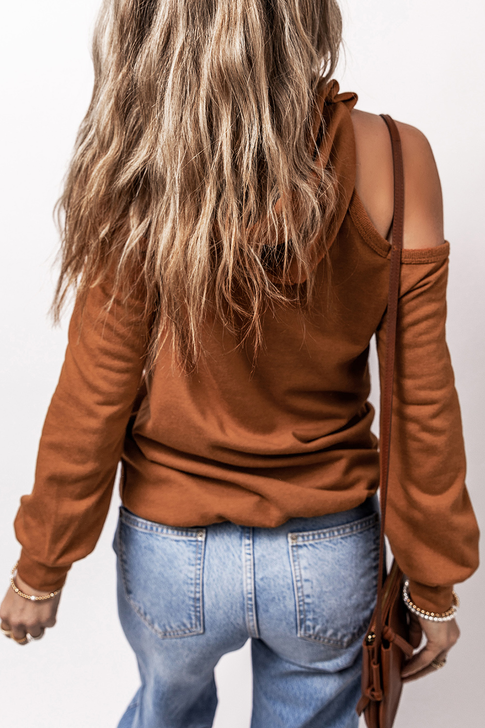 Cinnamon Exposed Seam Cold Shoulder Drawstring Hoodie - loveforevers
