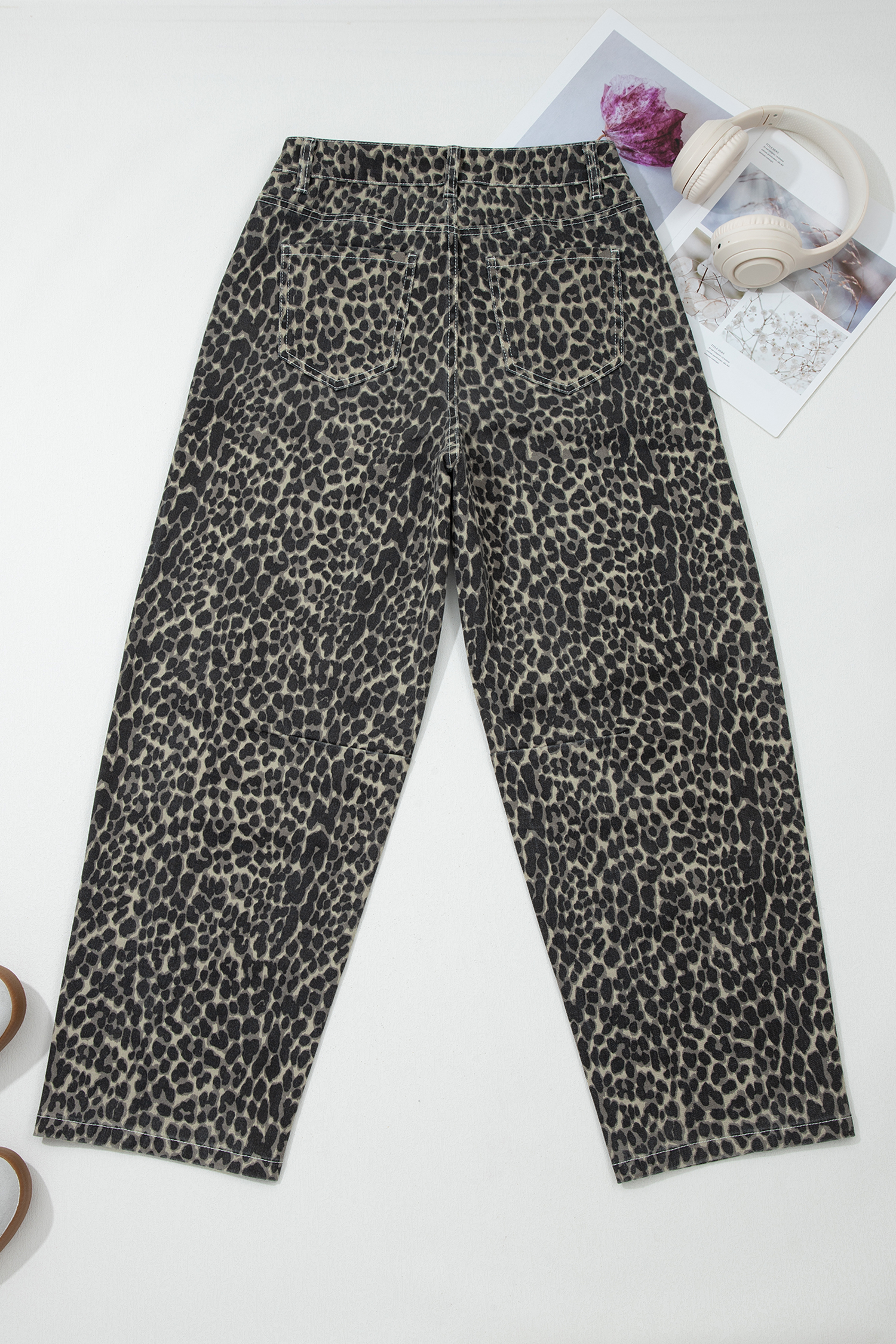 Black Leopard Print High Waist Barrel Jeans - loveforevers