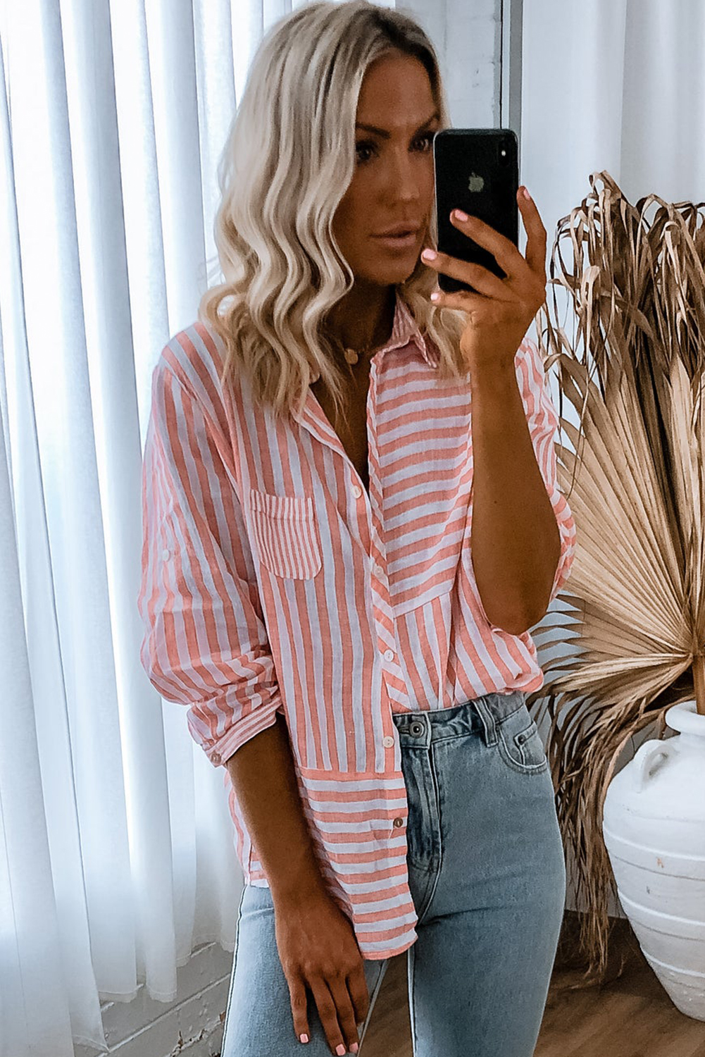 Pink Stripe Buttoned Long Sleeve Casual Shirt - loveforevers
