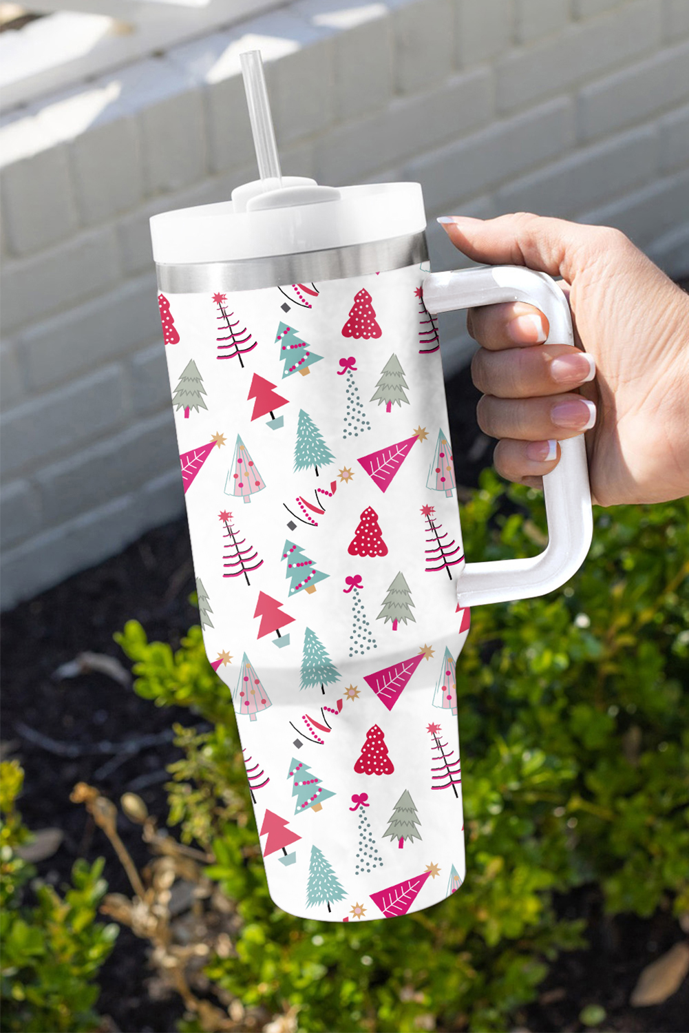 White Cartoon Christmas Tree Printed Thermos Cup 40oz - loveforevers
