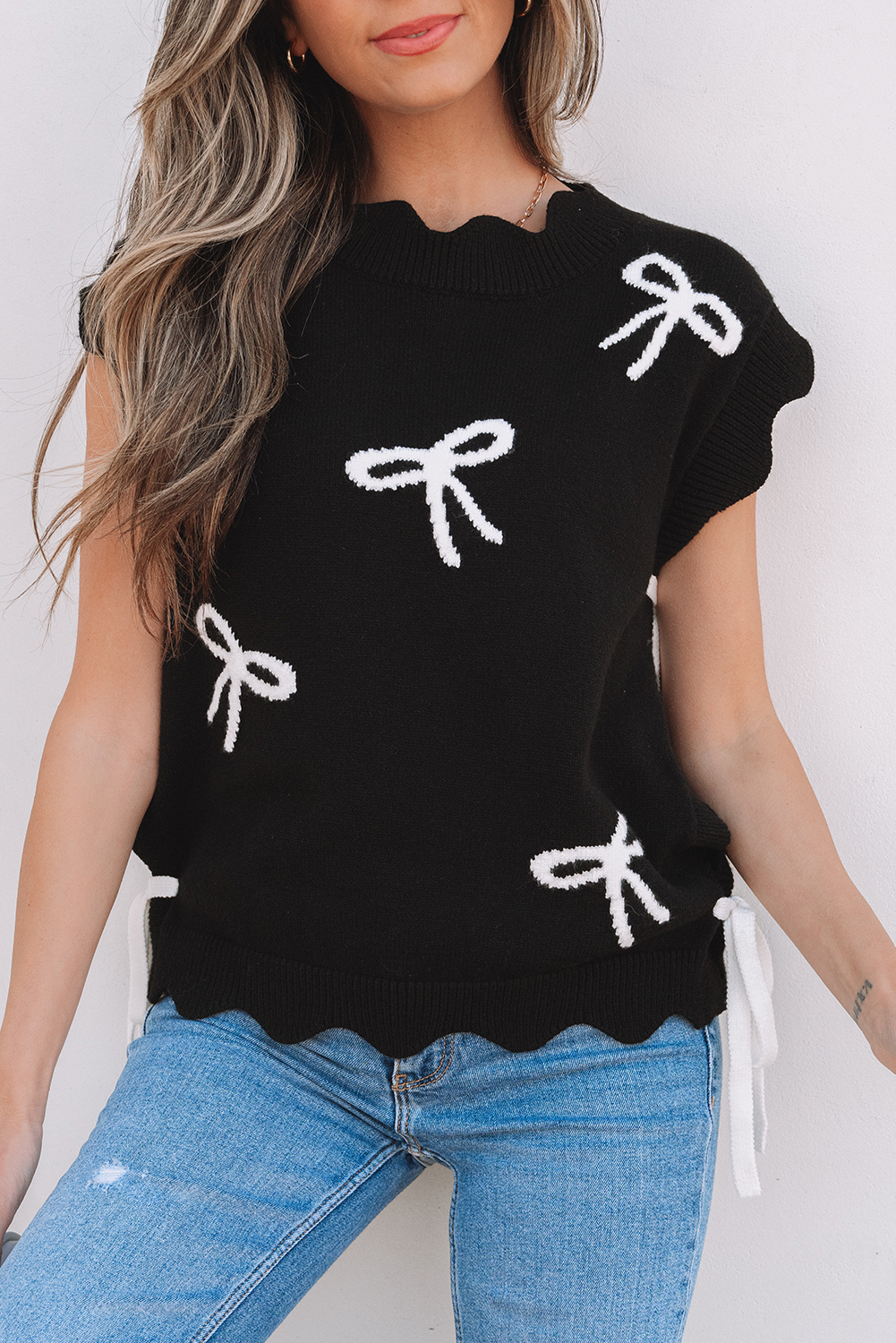 Black Bow Print Side Ties Scalloped Hem Sweater T Shirt - loveforevers