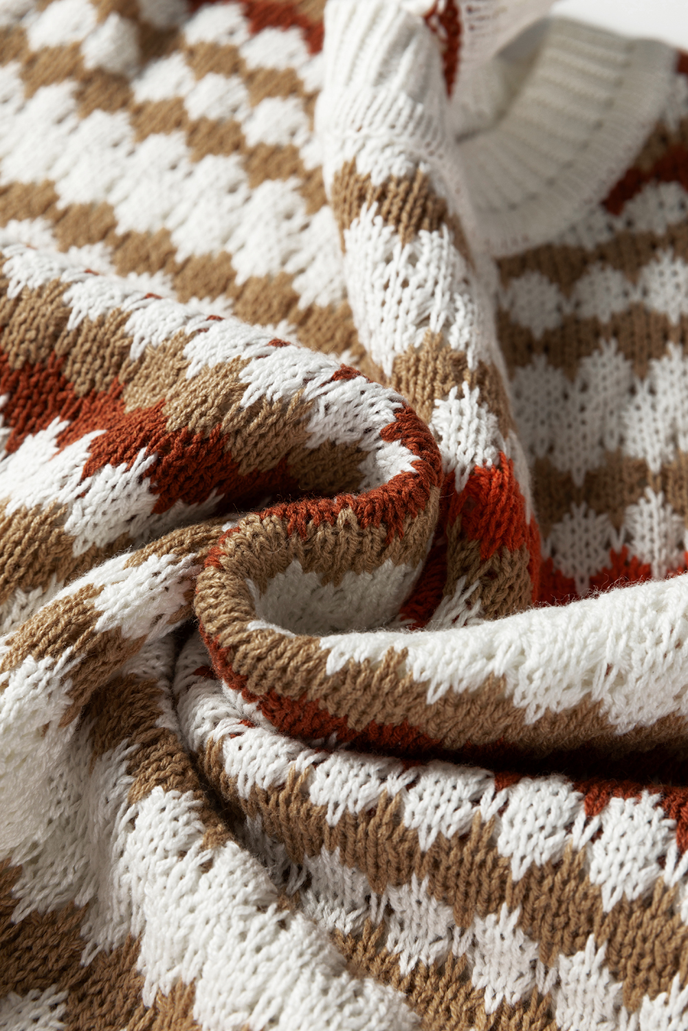 Brown Stripe Eyelet Patterned Drop Shoulder Sweater - loveforevers