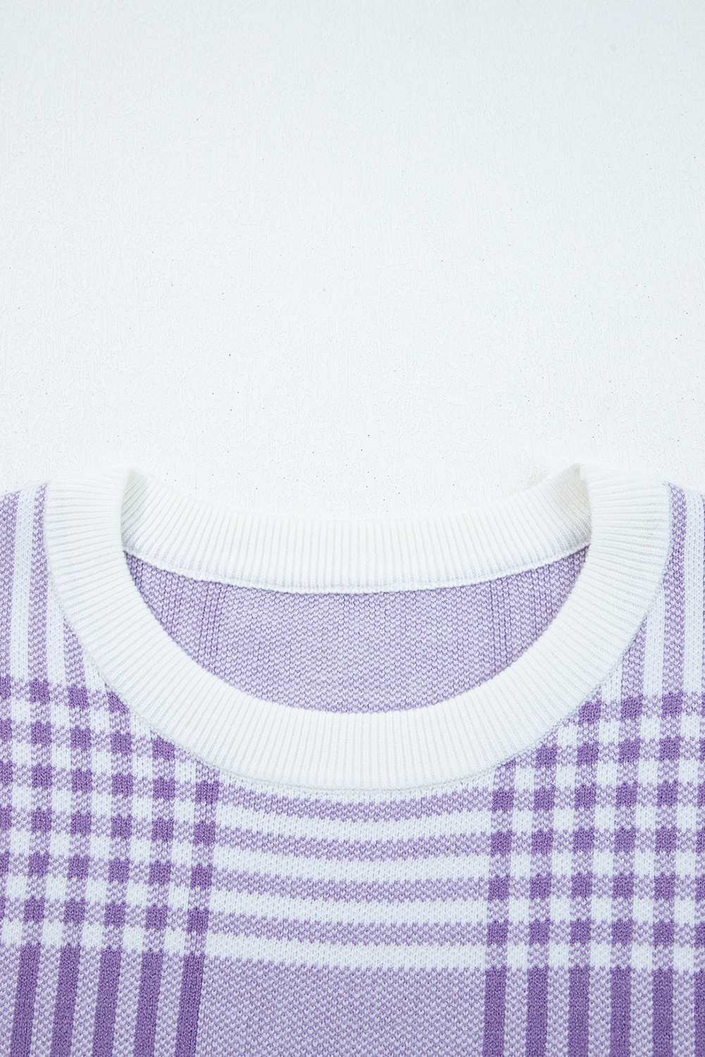 Lilac Plaid Print Ribbed Trim Loose Sweater - loveforevers