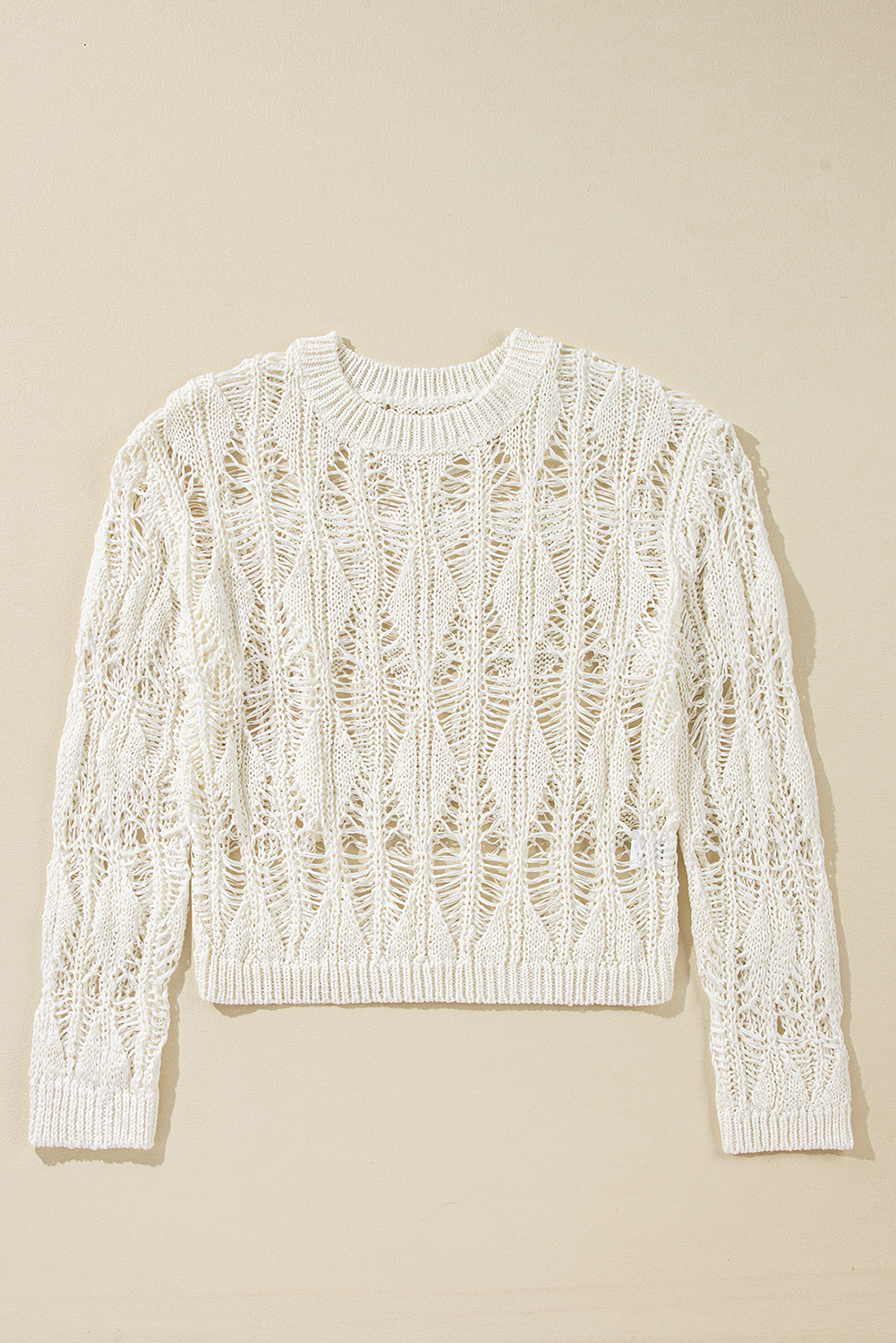 White Cut Out Crochet Crew Neck Loose Fit Sweater - loveforevers