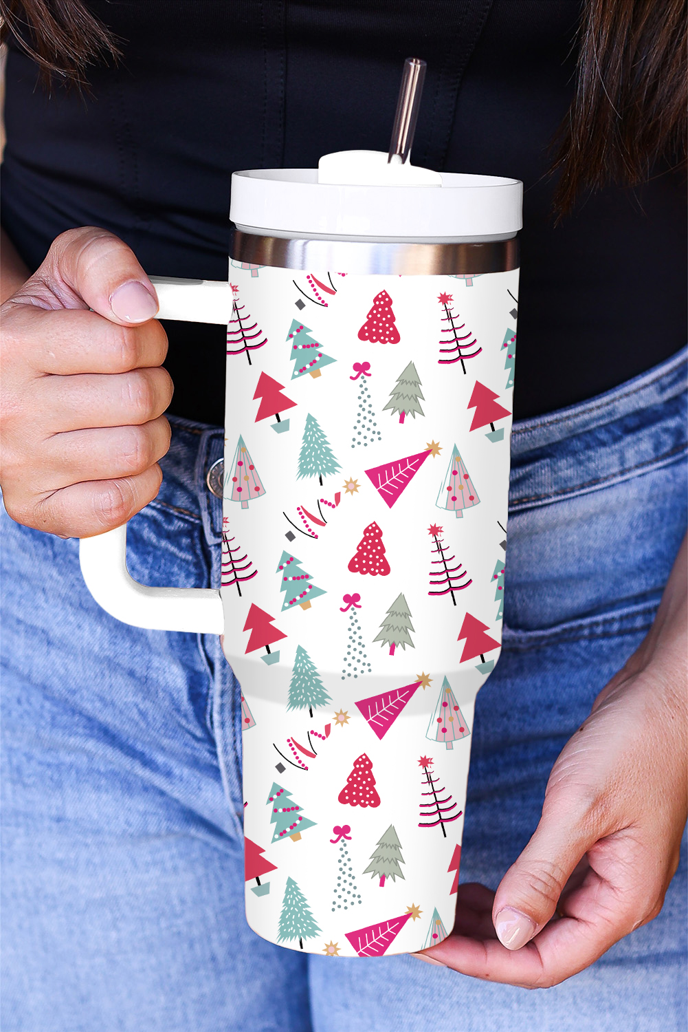 White Cartoon Christmas Tree Printed Thermos Cup 40oz - loveforevers