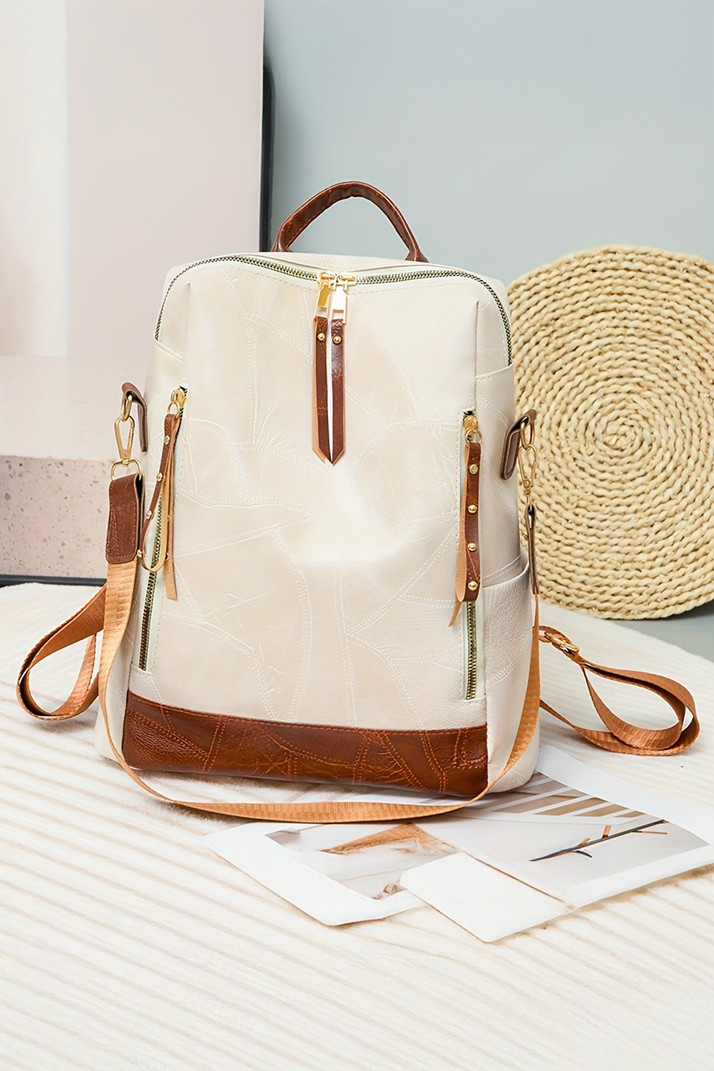 White Multi Compartment Zipper PU Leather Large Capacity Backpack - loveforevers