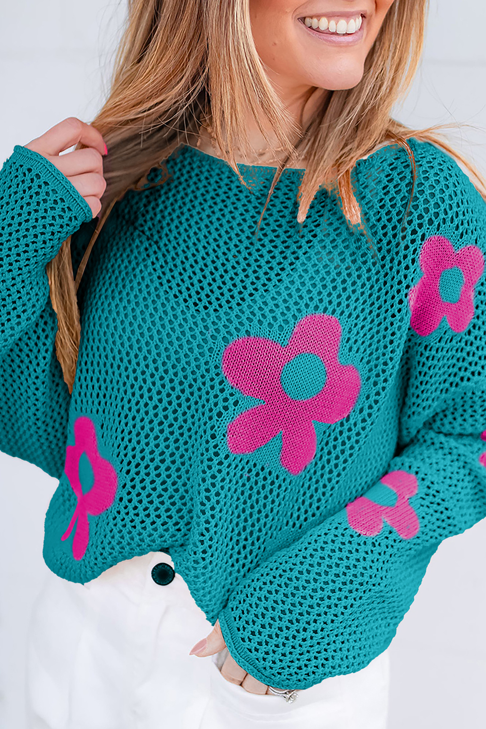 Light Pink Big Flower Hollowed Knit Drop Shoulder Sweater - loveforevers