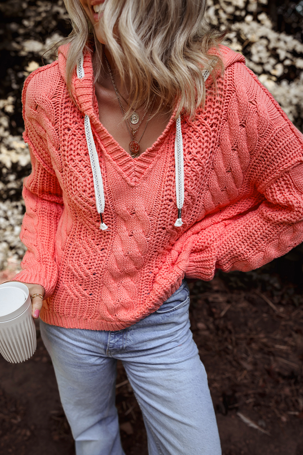 Gold Flame Cable Knit V Neck Contrast Drawstring Hooded Sweater - loveforevers
