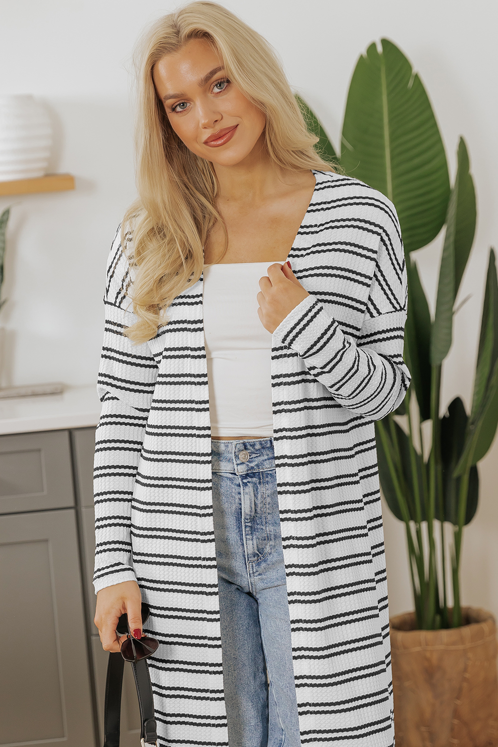 Black Stripe Print Open Front Duster Cardigan - loveforevers