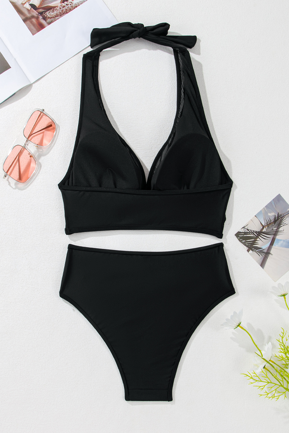 Black Sheer Mesh Edged Halter V Neck Push Up Bikini - loveforevers
