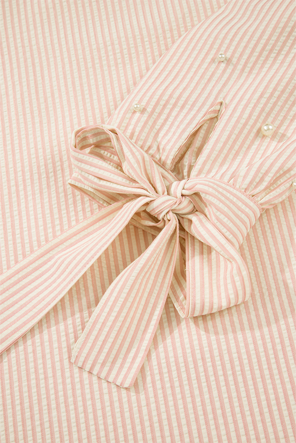 Pink Stripe Bow Knot Cuff Pearl Embellished Puff Sleeve V Neck Blouse - loveforevers