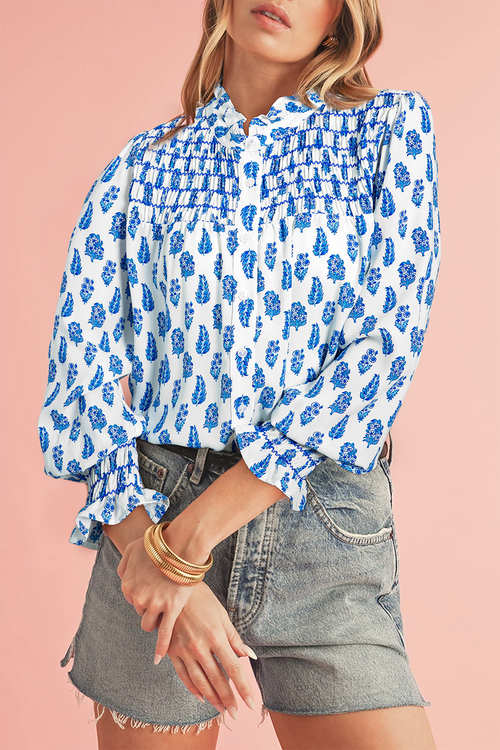 Sky Blue Boho Floral Printed Lantern Sleeve Frilled Neck Shirred Shirt - loveforevers