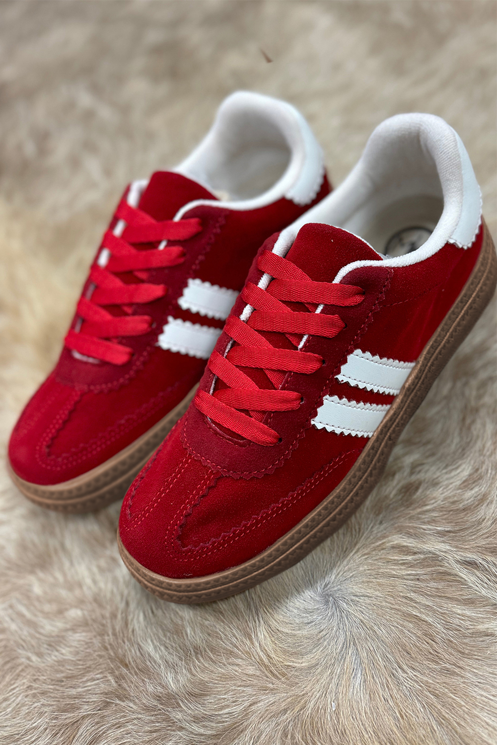 Fiery Red Vintage Striped Patchwork Lace-up Flat Shoes - loveforevers