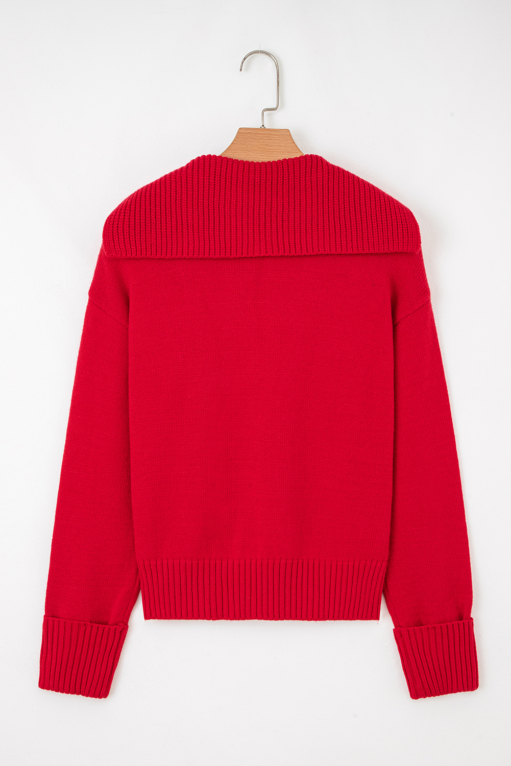 Racing Red Collared V Neck Ribbed Edge Sexy Elegant Sweater - loveforevers
