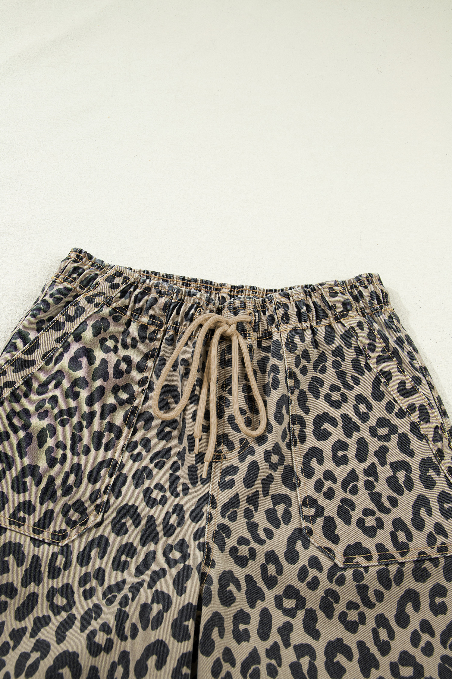 Khaki Leopard Print Drawstring Elastic Waist Loose Denim Pants with Pockets - loveforevers