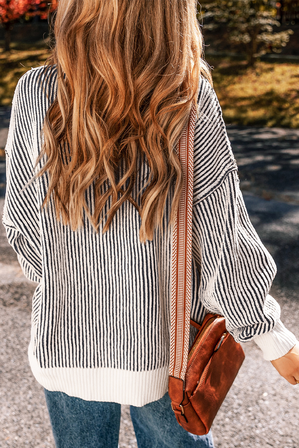 Bright Pink Striped Textured Knit Contrast Edge Loose Sweater - loveforevers