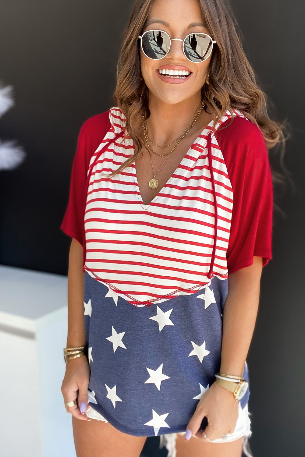 Fiery Red Stars and Stripes Print Drawstring Hooded T Shirt - loveforevers