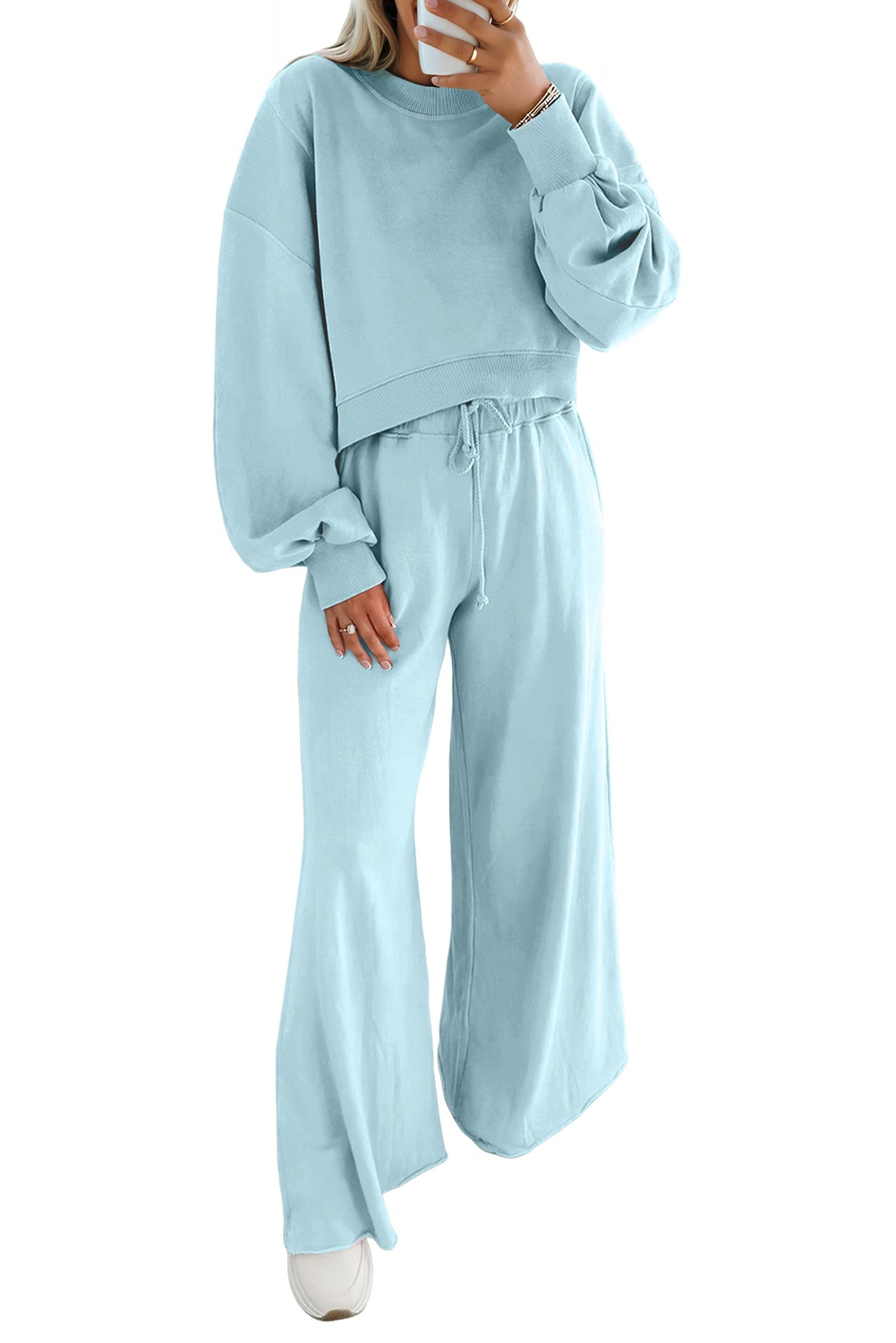 Bright Green Drop Shoulder Puff Sleeve Crop Pullover Drawstring Wide Leg Pants Set - loveforevers