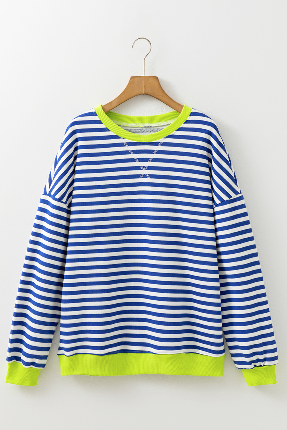 Red Stripe Contrast Ribbed Trim Crossed Stitch Drop Shoulder Sweatshirt - loveforevers