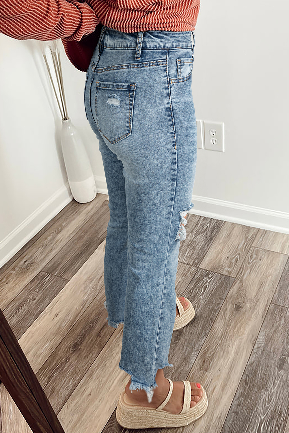 Myosotis Raw Hem Ripped Open Knee Fit Flare Jeans - loveforevers