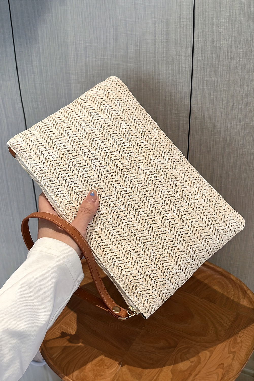 Oatmeal Straw Woven Wrist Strap Zipper Large Wallet - loveforevers