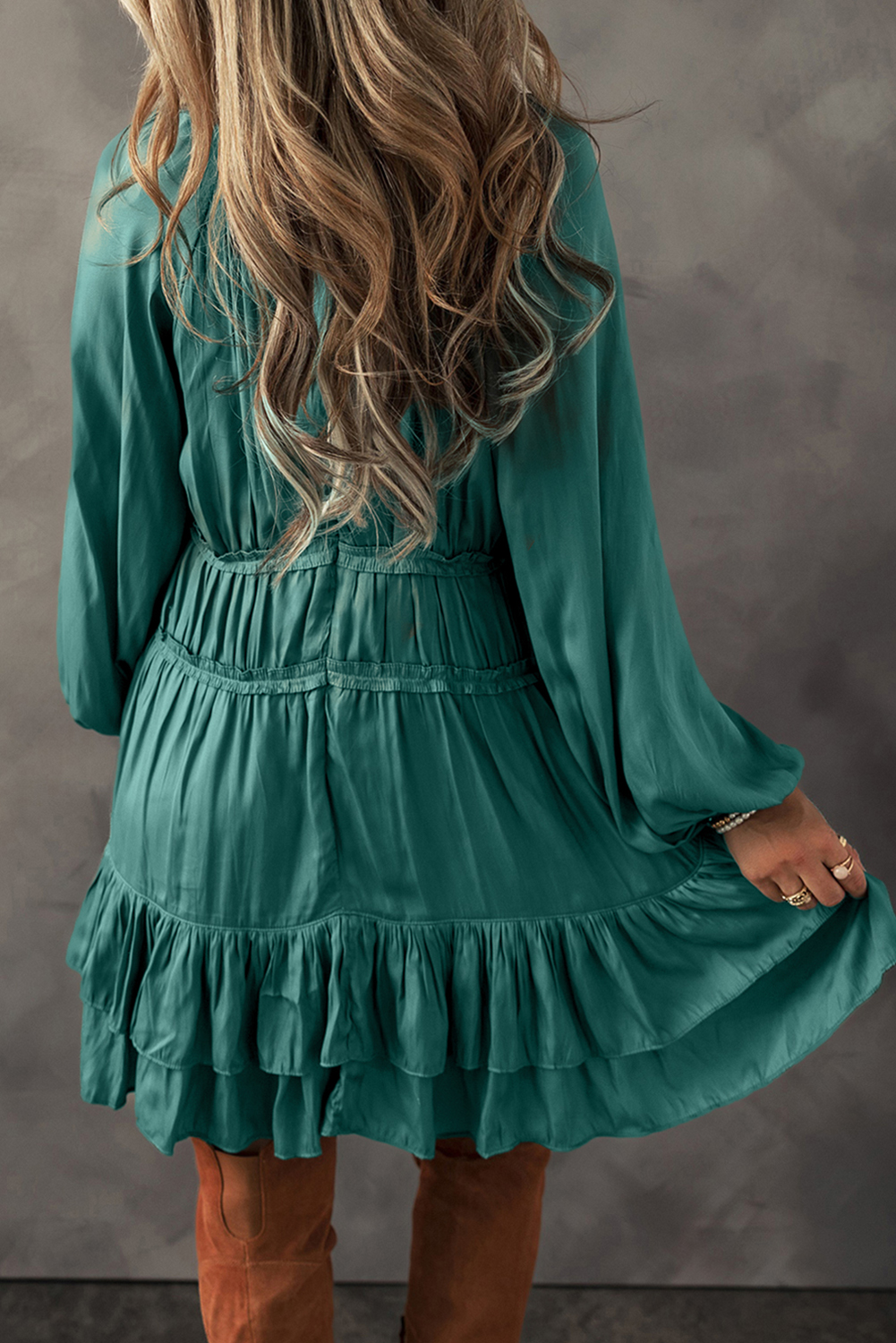 Mist Green Tiered Ruffled Puff Sleeve Loose Fit Mini Dress - loveforevers