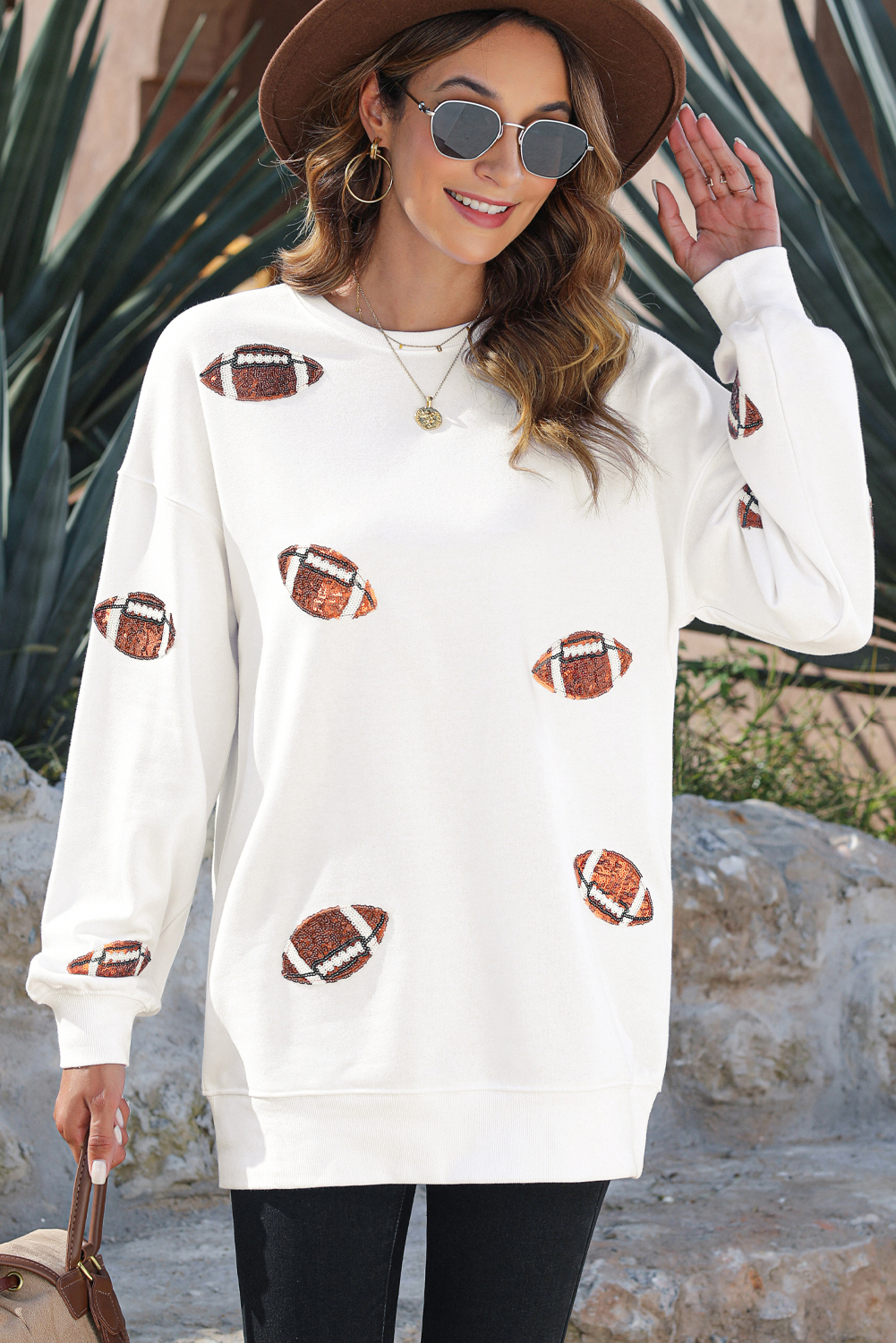 Beige Sequin Rugby Football Patched Pattern Crewneck Game Day Sweatshirt - loveforevers