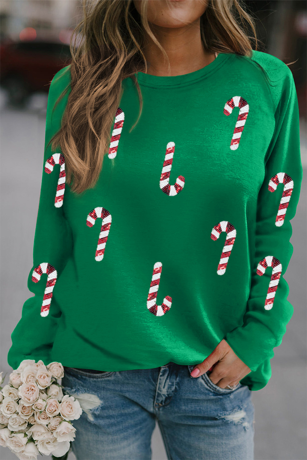 Green Sequin Christmas Candy Cane Graphic Crewneck Pullover Sweatshirt - loveforevers