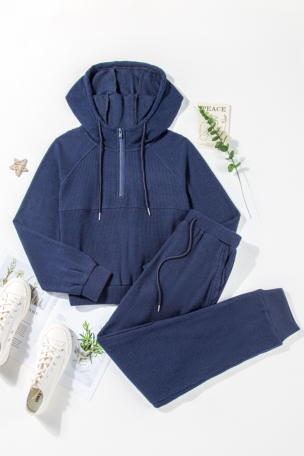 Navy Blue Ribbed Knit Cropped Hoodie and Drawstring Joggers Set - loveforevers