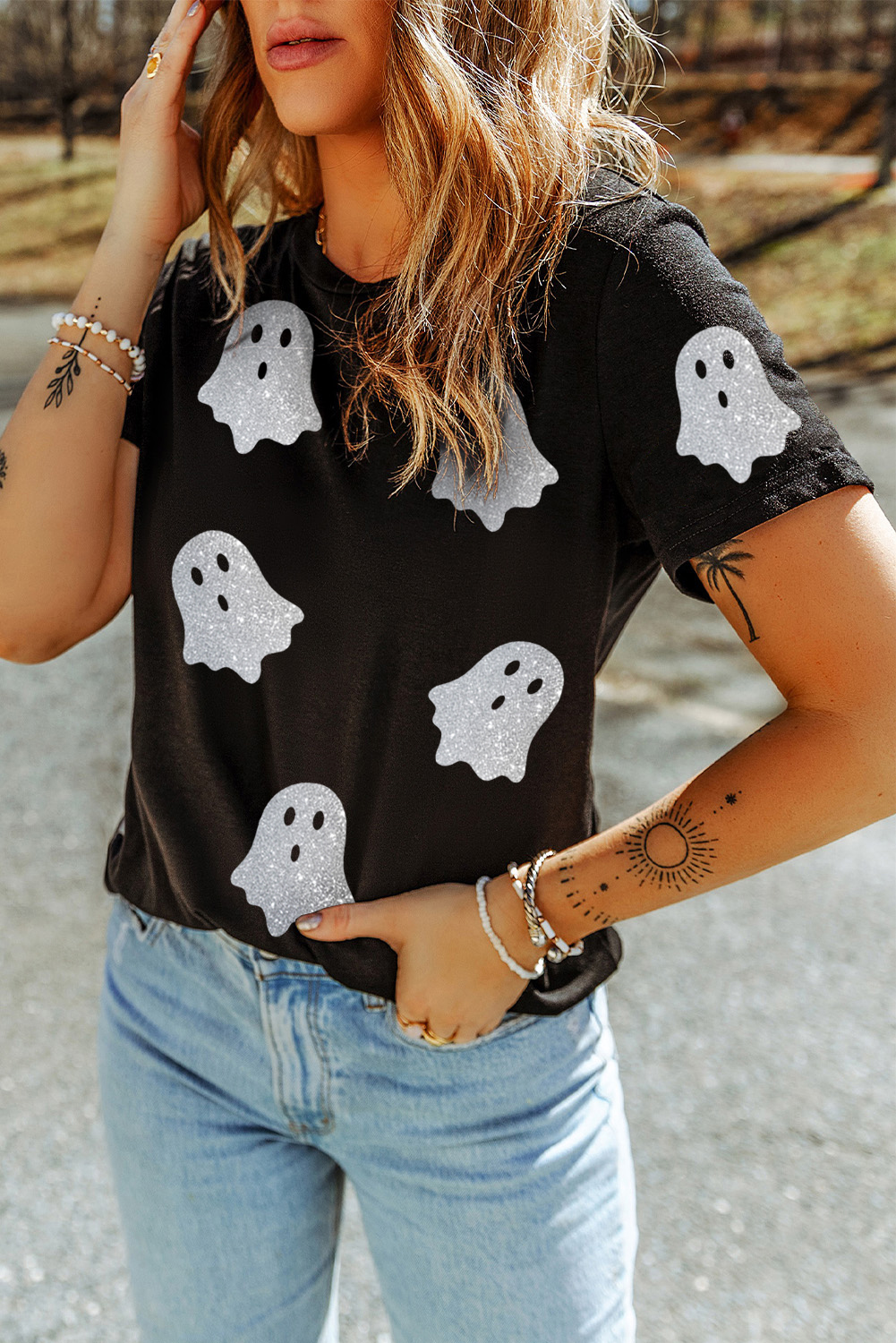 Wisteria Glitter Trim Chenille Ghost Patched Halloween Graphic Tee - loveforevers