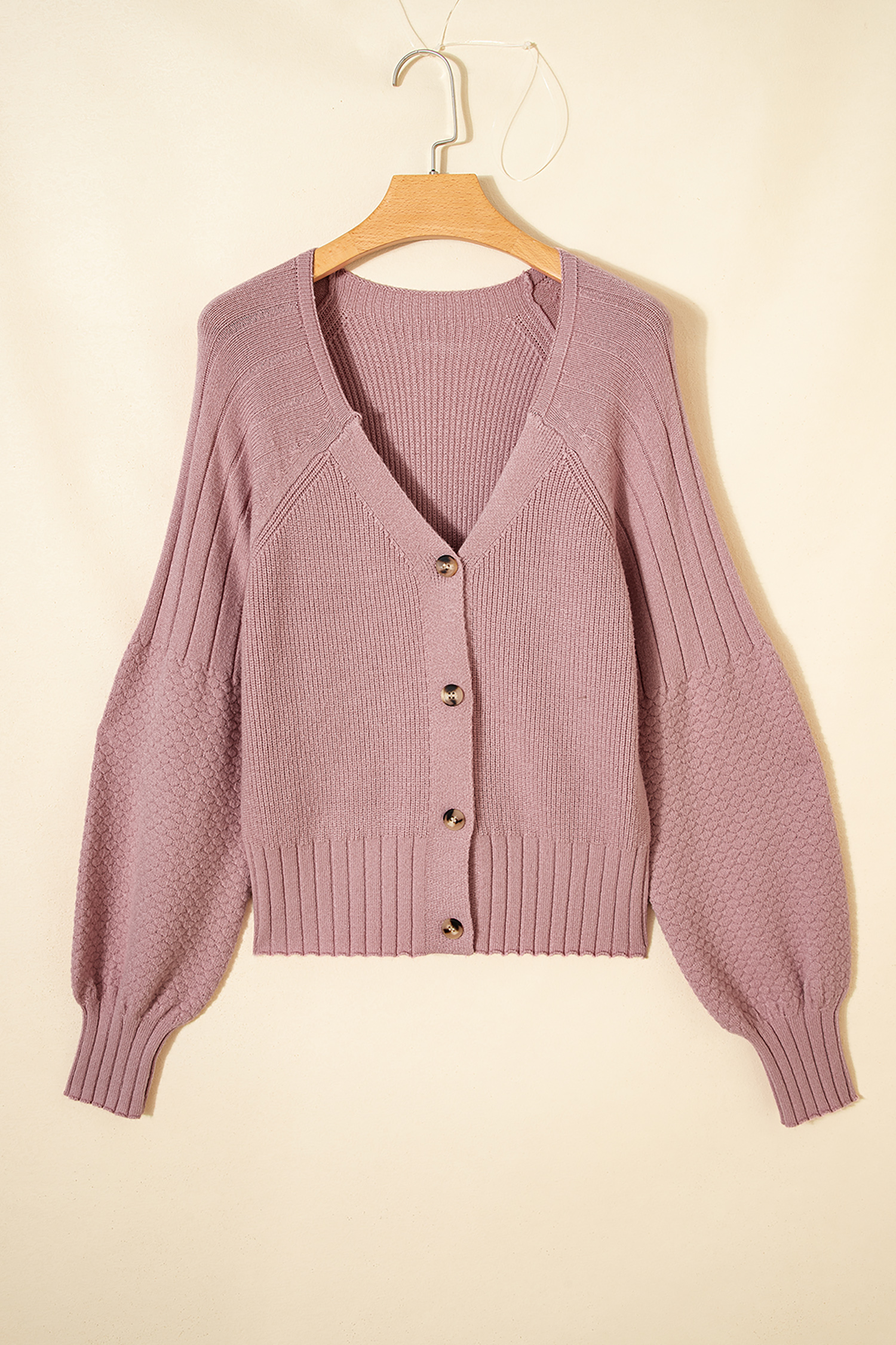 Light Pink Mixed Texture Knit Button V Neck Sweater Cardigan - loveforevers
