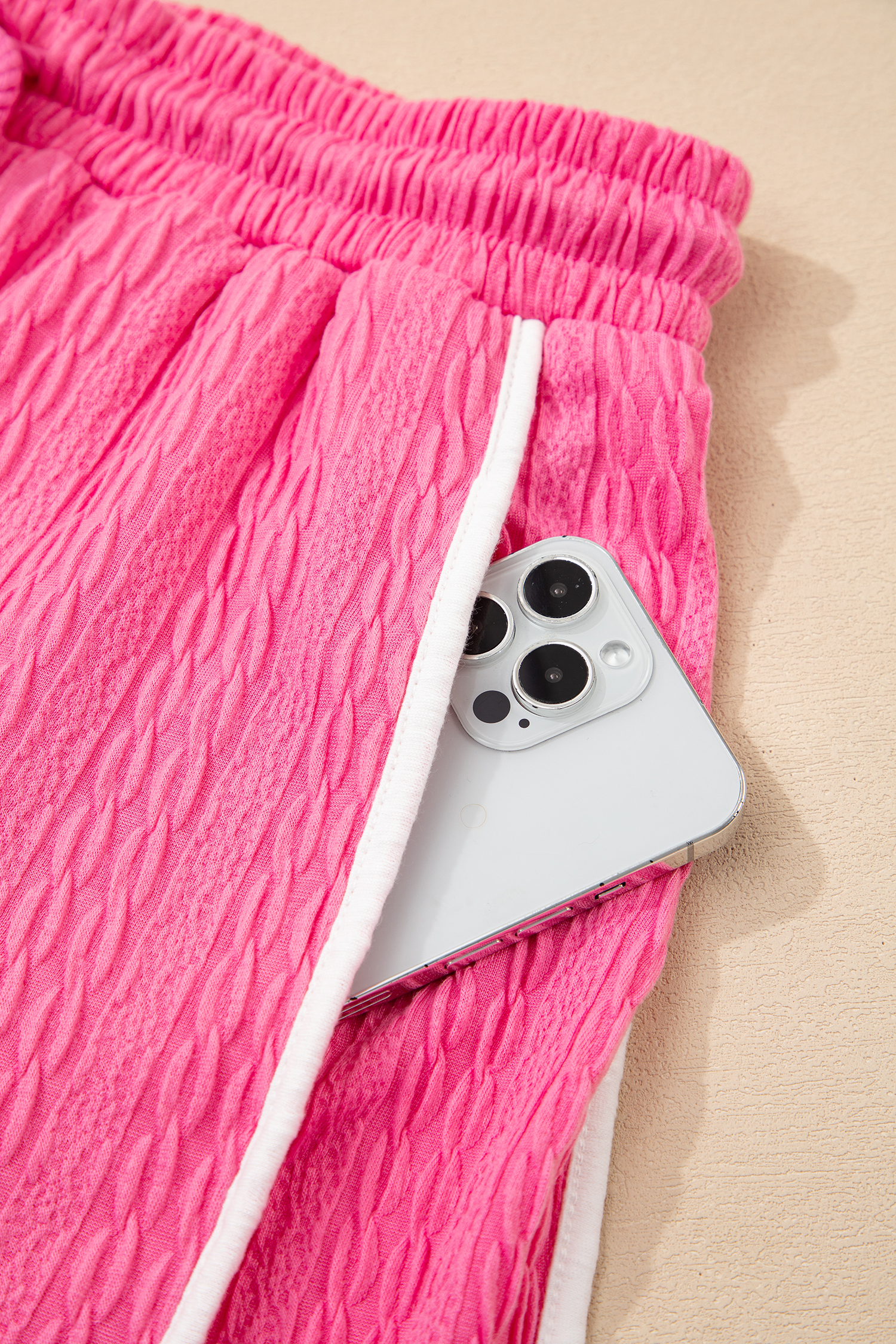 Bright Pink Textured Color Block Trim Loose Tee Drawstring Shorts 2pcs Set - loveforevers