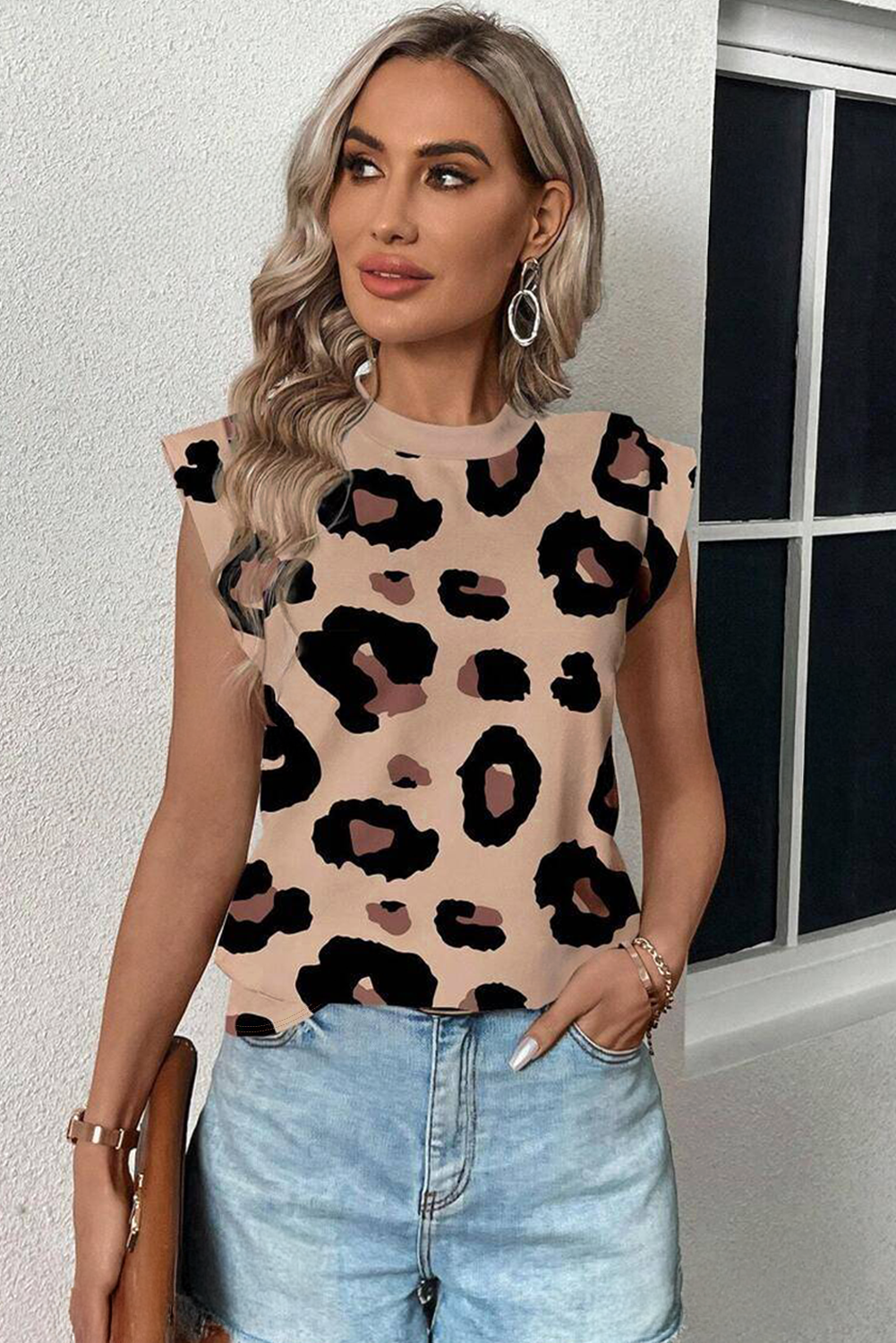 Khaki Leopard Crew Neck Cap Sleeve Casual Tee - loveforevers