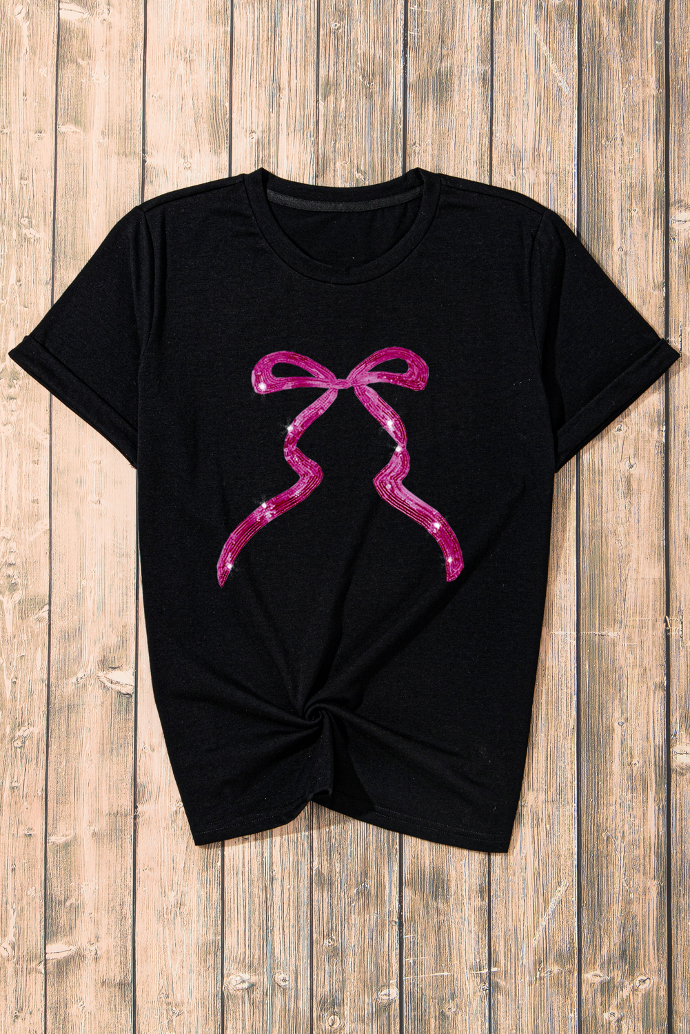 Black Sequin Bow Ribbon Graphic T Shirt - loveforevers