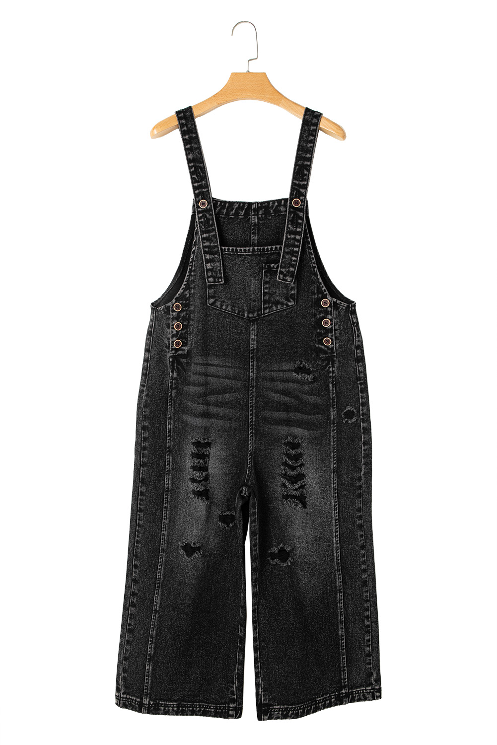 Stone Blue Distressed Bib Pocket Wide Leg Denim Overall - loveforevers
