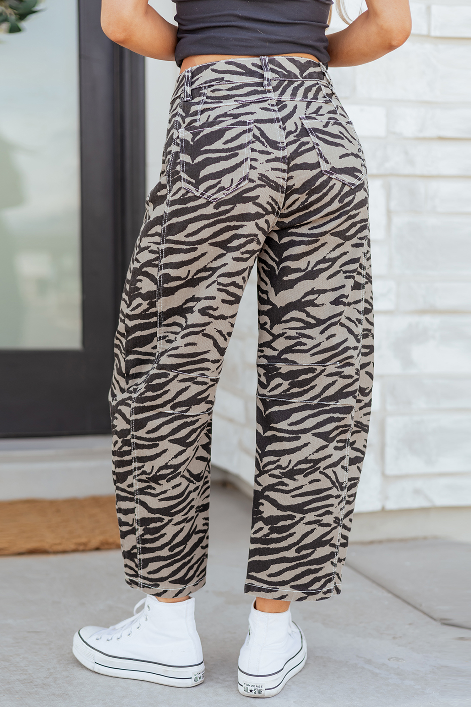 Gray Zebra Stripe Printed Wide Leg Jeans - loveforevers