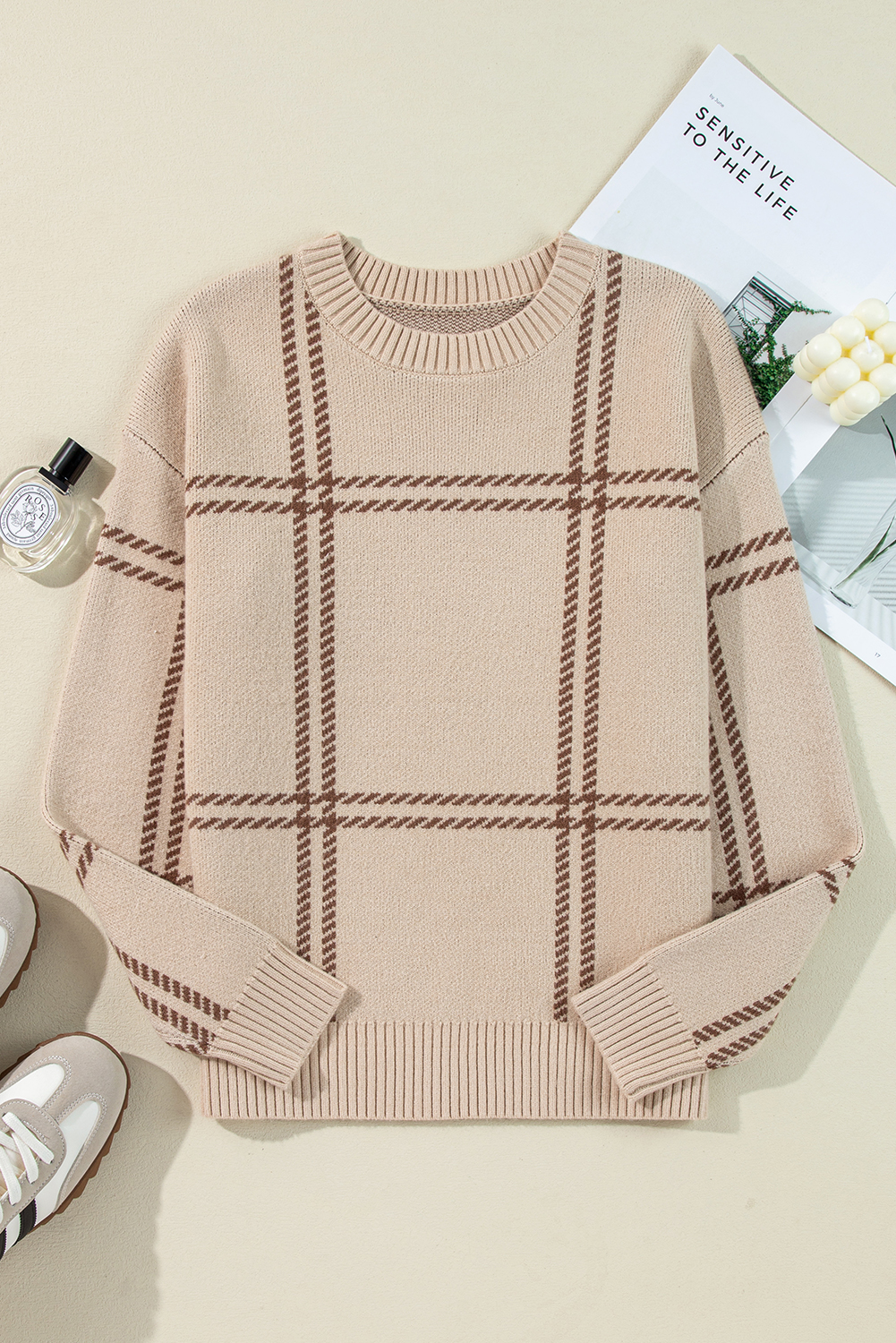 Khaki Plaid Pattern Knitted Drop Shoulder Sweater - loveforevers