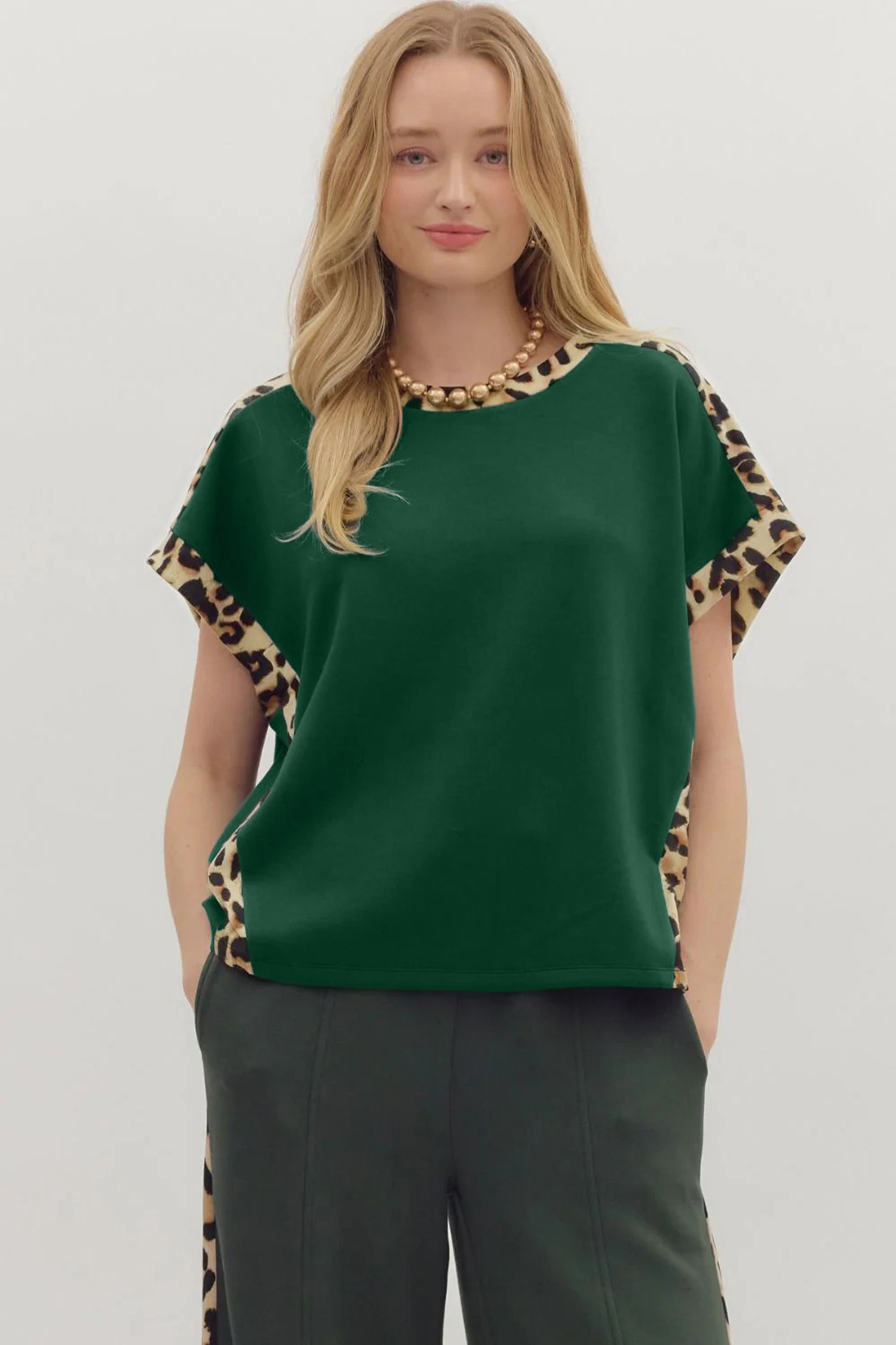 Sea Green Leopard Trim Round Neck Loose T Shirt - loveforevers
