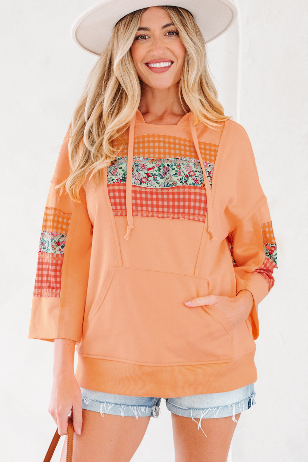 Grapefruit Orange Plaid Floral Patchwork Kangaroo Pocket Hooded Long Sleeve Top - loveforevers