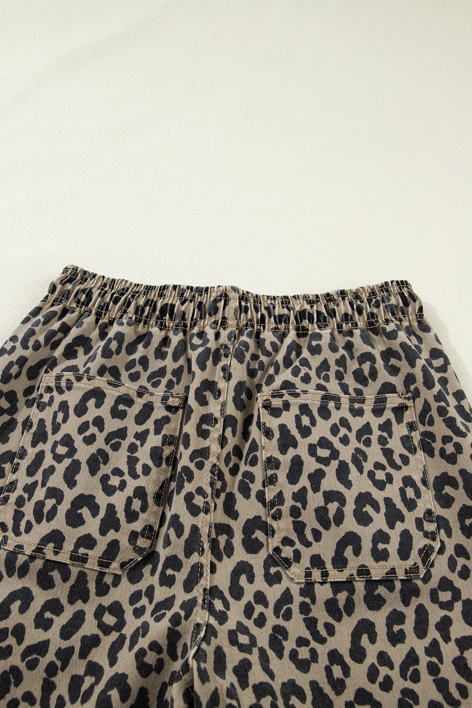 Khaki Leopard Print Drawstring Elastic Waist Loose Denim Pants with Pockets - loveforevers