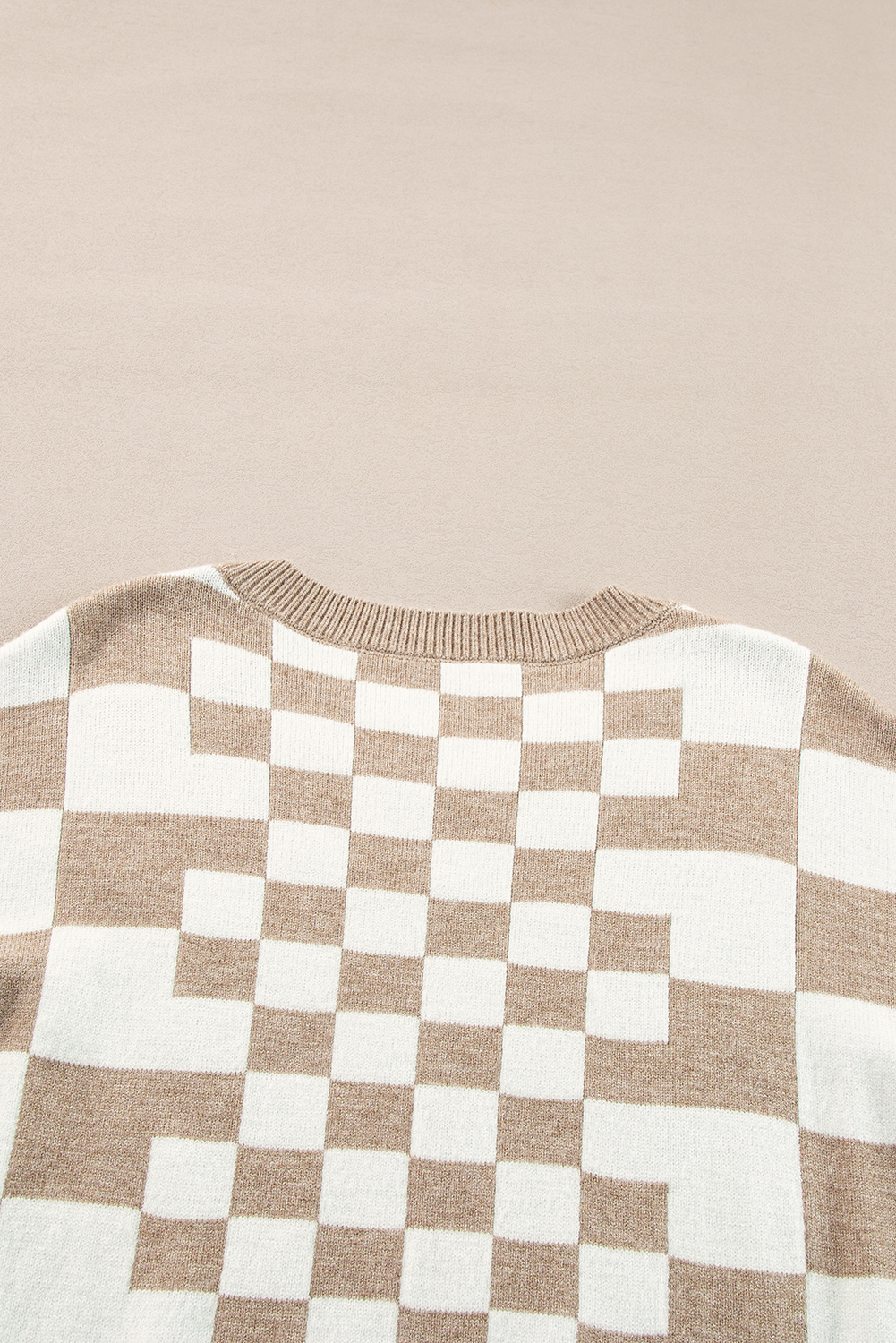 Khaki Checkered Print Drop Shoulder Round Neck Sweater - loveforevers