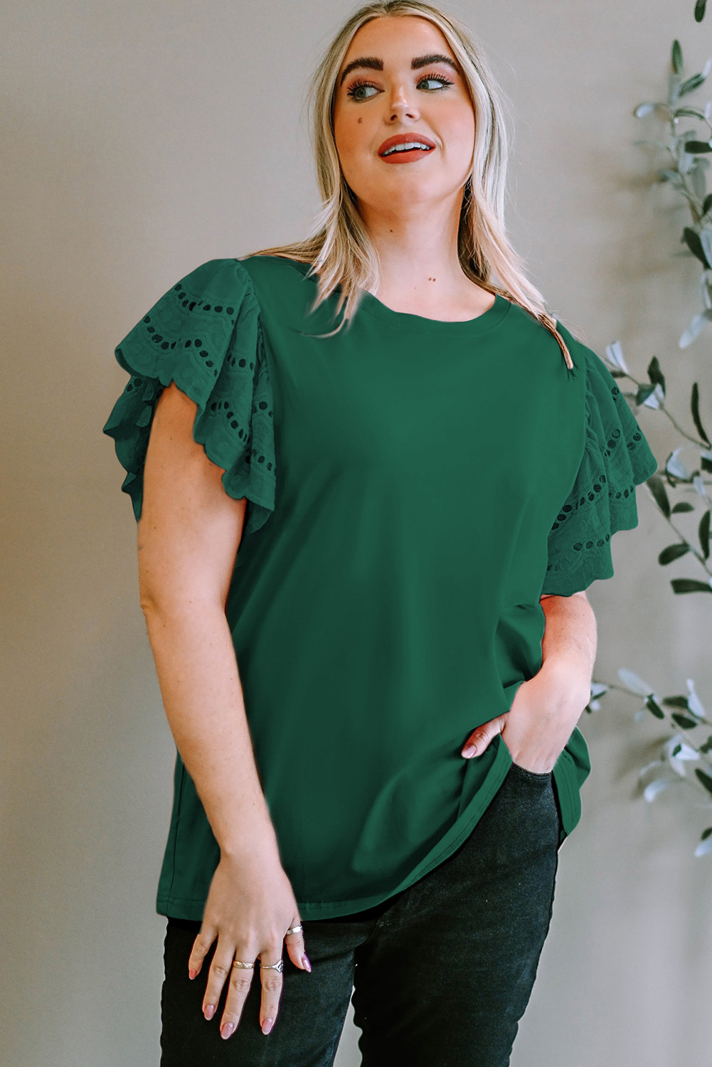 Green Plus Size Flutter Sleeve Top - loveforevers