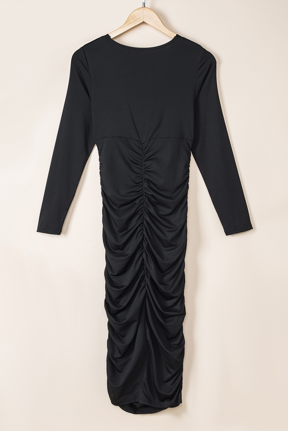 Black Long Sleeves Wrap V Neck Ruched Sheath Midi Dress - loveforevers