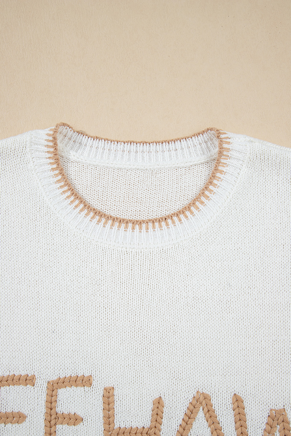 White Knitted YEEHAW Stitch Edge Crew Neck Sweater T Shirt - loveforevers