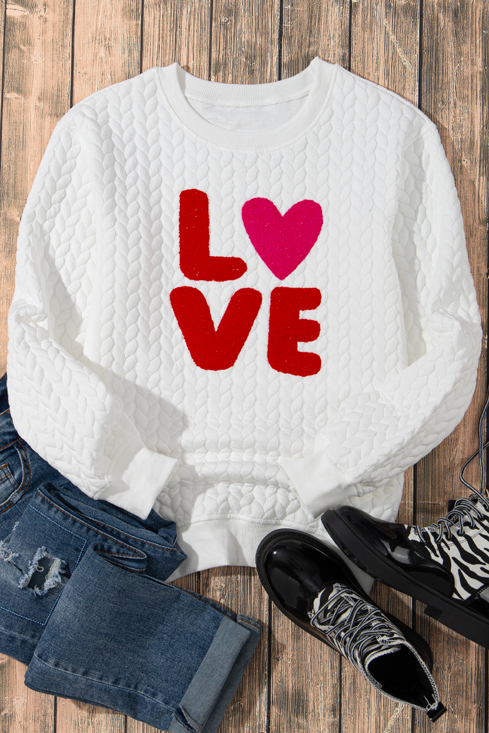 White LOVE Chenille Embroidered Cable Knit Pullover Sweatshirt - loveforevers