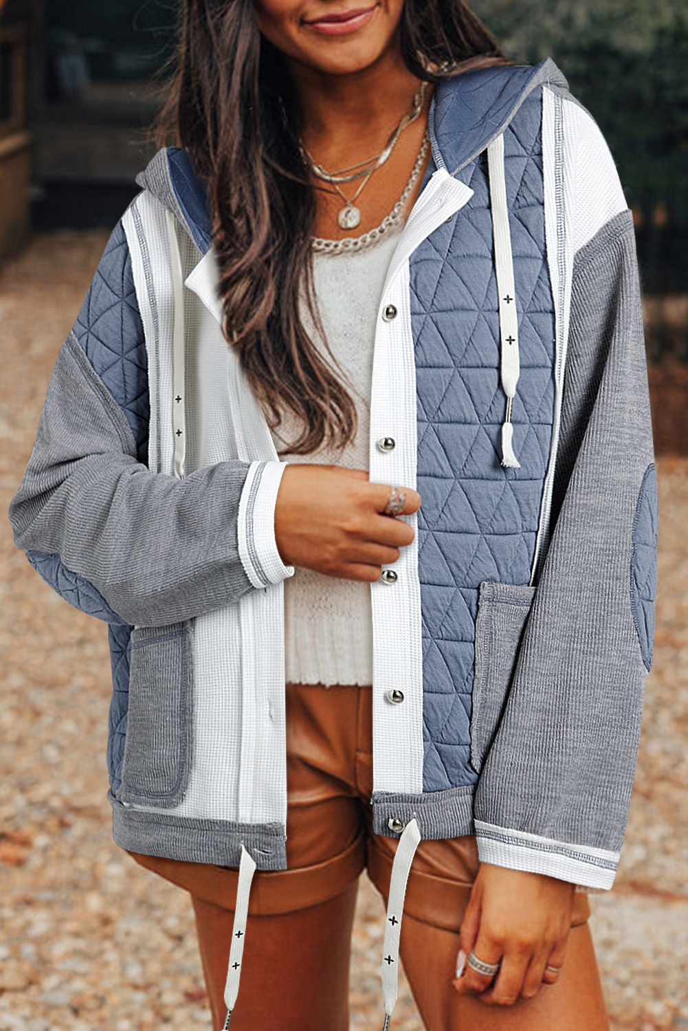 Light Blue Quilted Textured Patchwork Loose Fit Hooded Jacket - loveforevers